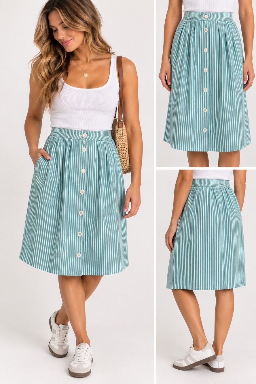 Vintage Alfred Dunner Teal White Striped Button Front A-Line Midi Skirt Size 6